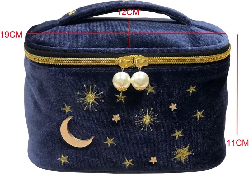 Navy Velvet Embroidery Makeup Bag - High Capacity Toiletry Pouch with Moon & Stars Pattern | Travel Clutch Bag