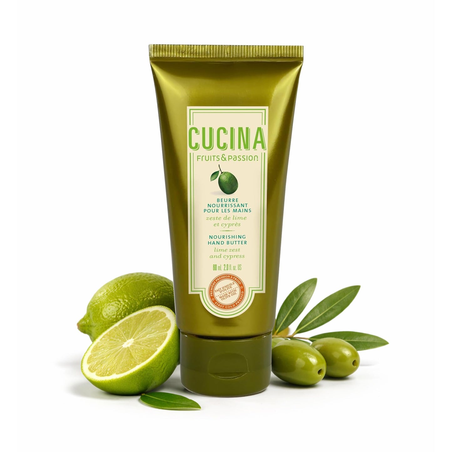 Fruits & Passion Cucina Lime Zest & Cypress Nourishing Hand Butter for Dry Cracked Hands, Rich Natural Formula with Cold-Pressed Olive Oil in Recyclable Jar, 2.0 fl oz