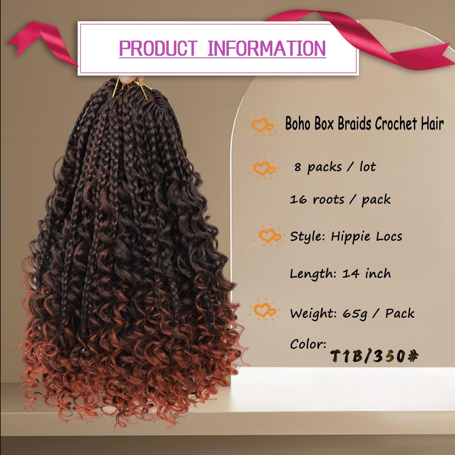 Goddess Bohemian Box Braids Crochet Hair with Curly Ends, 14 Inch 8 Packs Pre Looped 3X Crochet Box Braids Boho Synthetic Braiding Hair Extensions for Black Women (#T1B/350)
