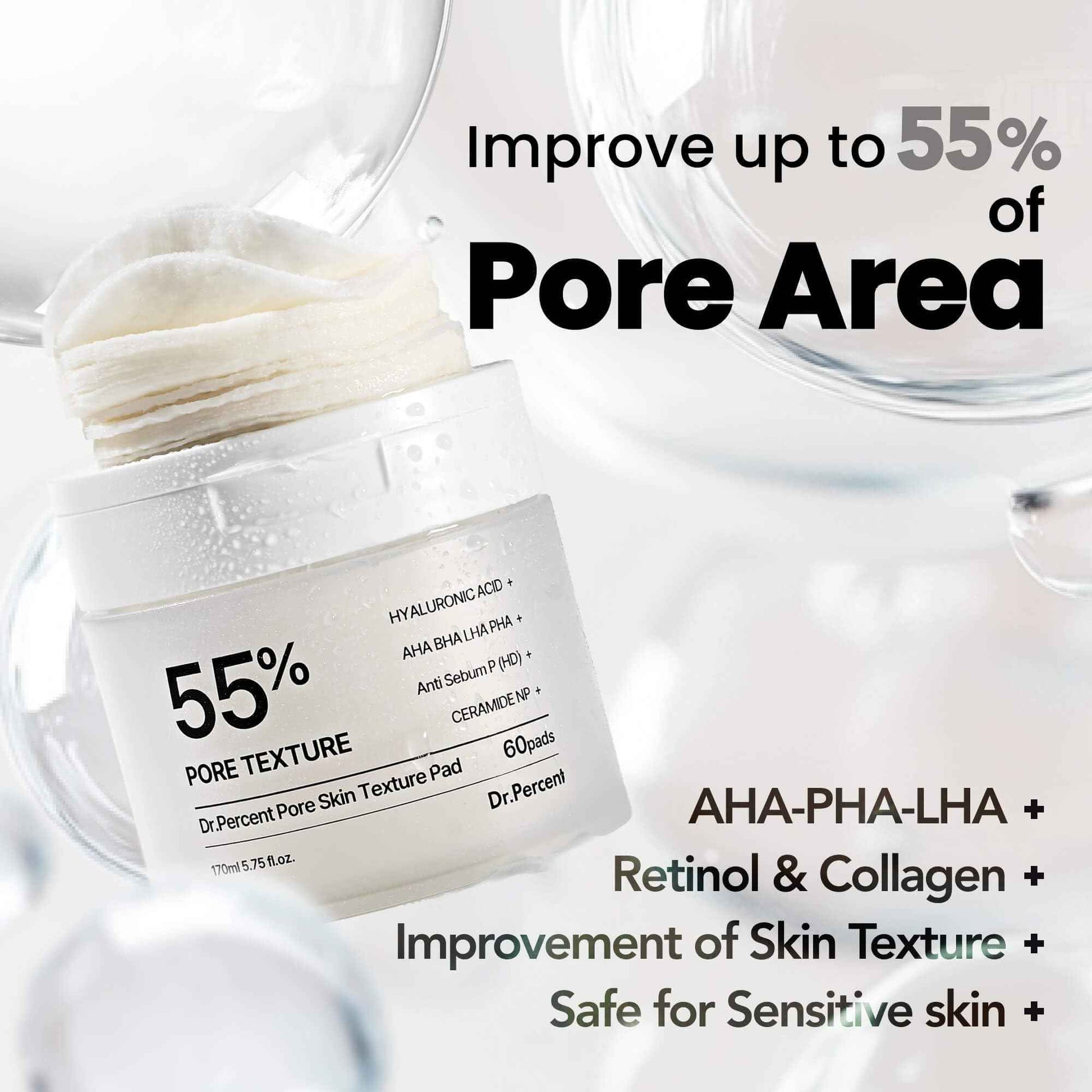 Dr.Percent Pore 55% Skin Texure Pad – AHA BHA LHA, Retinol & Rice Extract for Enlarged Pores, Textured Skin, Sebum Control, Exfoliating Toner Pads for Glass Skin, Non-Irritating, Korean Skincare(60ct)