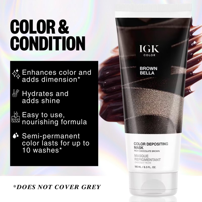 IGK Brown Bella | Chocolate Brown Hair Gloss + Color Depositing Mask | Boost Shine, Enhance Brunette Tones, Refresh Color | Semi Permanent Conditioning Treatment | Vegan | 6 oz