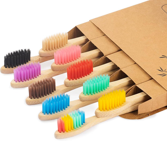 Biodegradable Bamboo Toothbrushes, 10 Piece BPA Free Soft Bristles Toothbrushes, Natural, Eco-Friendly, Green and Compostable