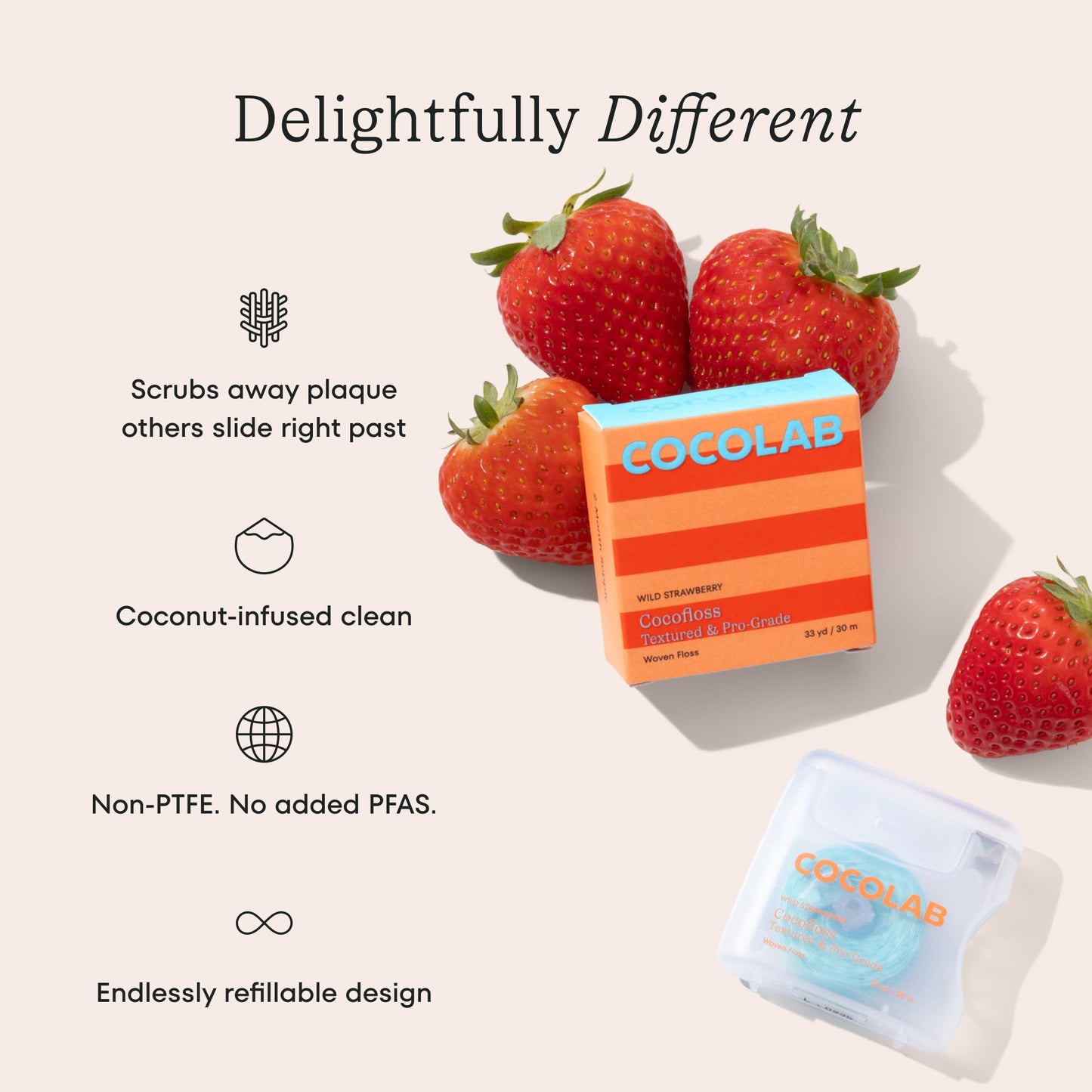 Cocofloss Expanding Woven Dental Floss by Cocolab, Waxed Tooth Floss for Daily Oral Care, Coconut Oil Infused, Vegan, for Adults and Kids, Strawberry Scent, 4 Pack