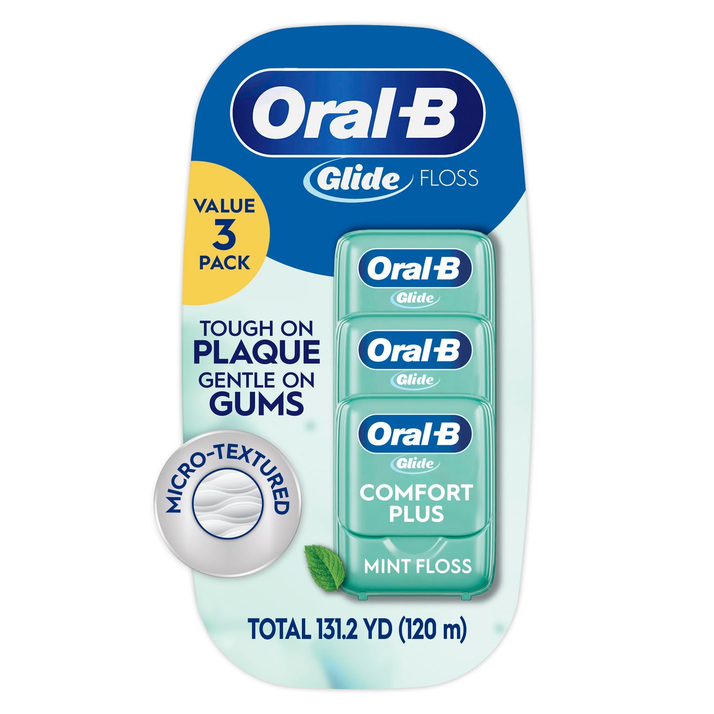 Oral-B Glide Dental Floss, Comfort Plus Mint, 3 Pack (131.2 YD Total) – Shred-Resistant Smooth Dental Tape for Tight Spaces, Natural Wax, Removes Plaque, Gum Care, Travel-Friendly