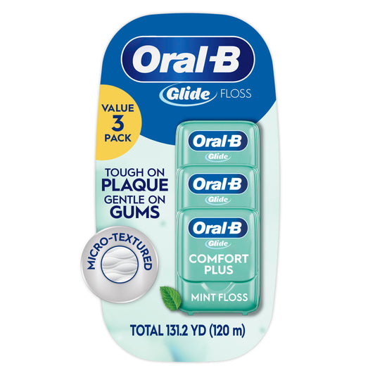 Oral-B Glide Dental Floss, Comfort Plus Mint, 3 Pack (131.2 YD Total) – Shred-Resistant Smooth Dental Tape for Tight Spaces, Natural Wax, Removes Plaque, Gum Care, Travel-Friendly