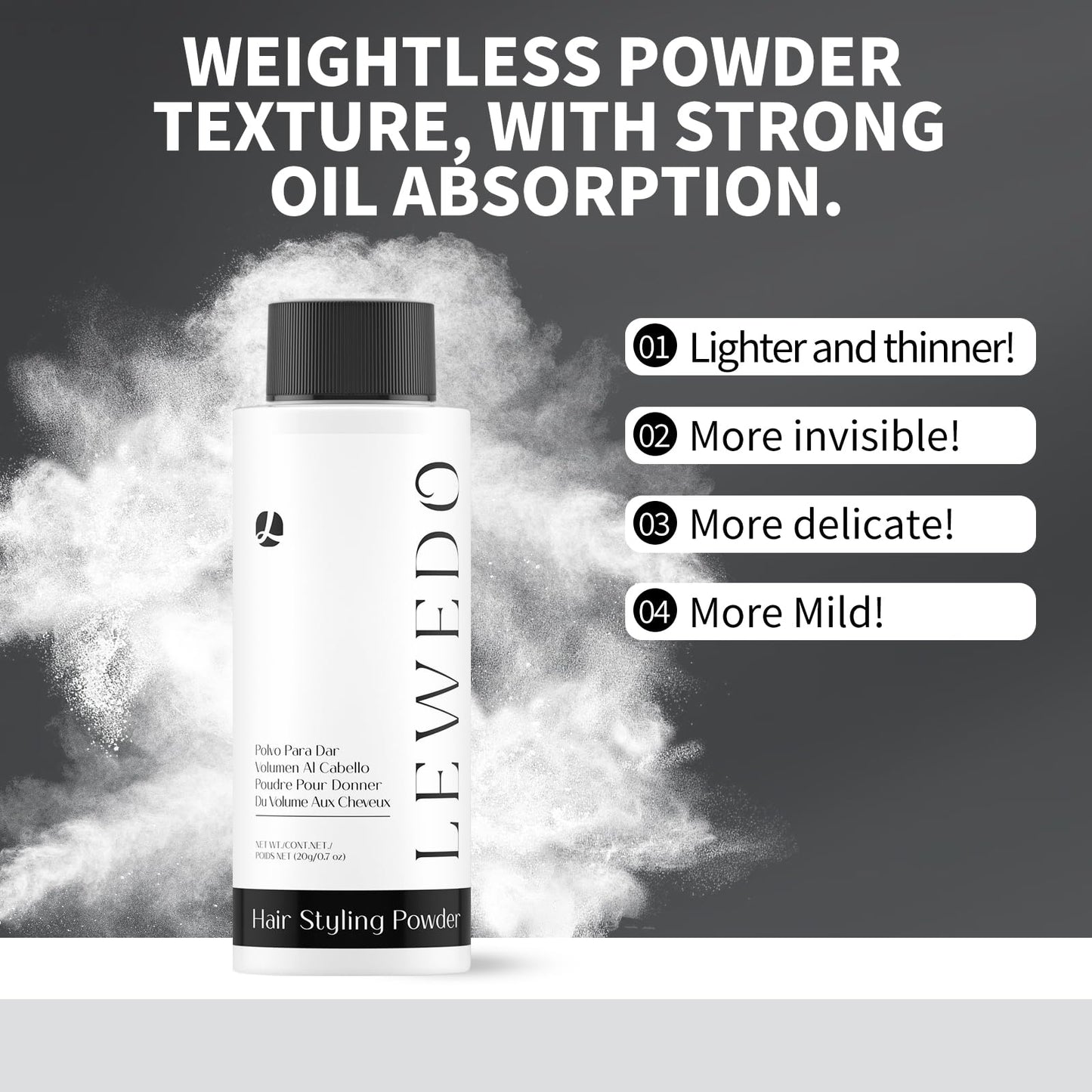 lewedo Volumizing Styling Powder 20g - Natural Volume & Matte Finish for Men, Oil-Absorbing Texture Powder with Adjustable Nozzle