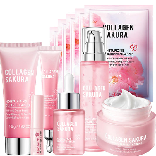 Sakura Skincare Kit, 11Pcs Skin Care Set with Cleanser, Toner, Serum, Cream, Eye Cream, Lip Balm & Masks. Skincare Gift Set for Teens & Women, Moisturize & Smooth Skin (11Pcs, Cherry)