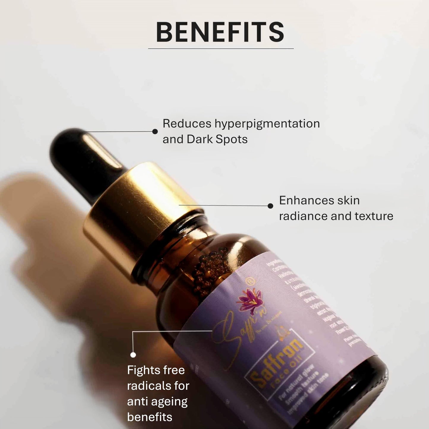 Saffr'n Brightening & Hydrating Face Oil with real and natural Saffron Strands, Squalene, Jojoba, Green Tea | 0.5 fl oz.