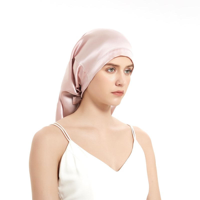 100% Mulberry Silk Bonnet 19 Momme - Long Sleeping Cap, Tie Band for Braids & Curly Hair - Silk Hair Wrap for Women Night Cap Light Pink