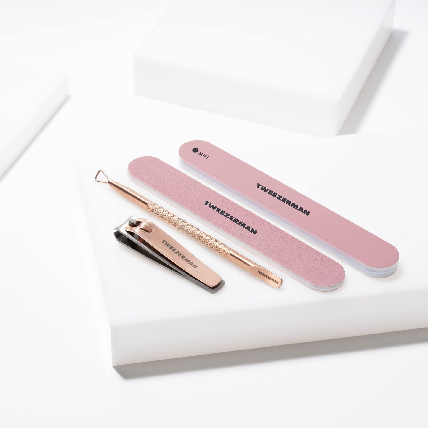 Tweezerman Rose Gold Manicure Kit Includes Nail Clipper, Dual-ended Polish Remover Pushy, and 2 Nail Files