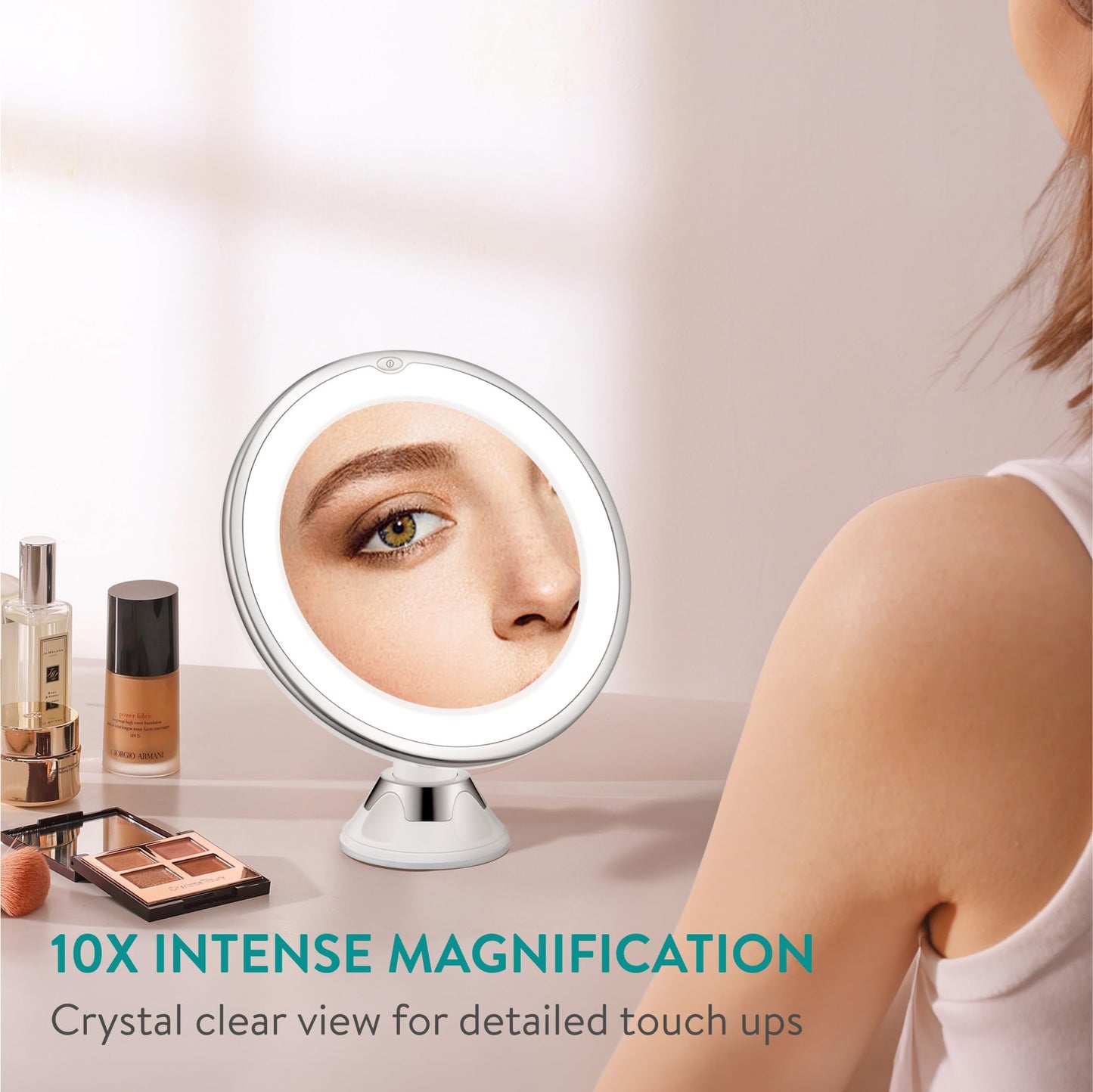 Navaris LED Magnifying Mirror with Lights - Powerful 10x Magnification for Makeup - Illuminated and Magnified Make Up Mirror with Light and Secure Suction Cup for Easy Attachment
