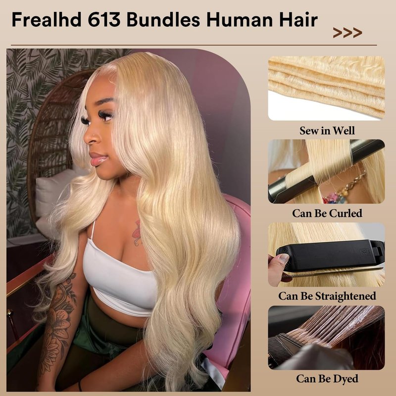 Frealhd 613 Blonde Body Wave Bundles Human Hair 16 Inch, 100% Virgin Human Hair 1 Bundle No Synthetic Blend, Triple Lifespan Salon Grade Remy Hair Extensions For Women