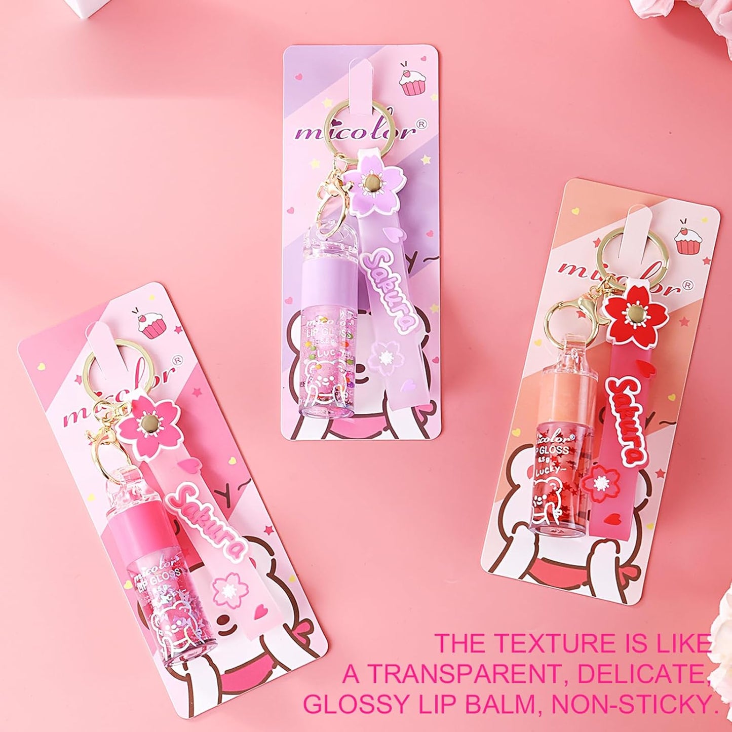 Hydrating Lip Gloss Set - Glossy Shimmer Finish | 3 Colors with Natural Moisturizing Formula & Sakura Keychain Design