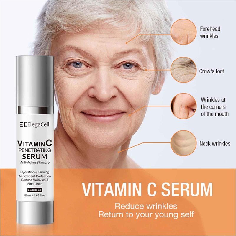 ElegaCell Super Vitamin C Serum for Women Over 70 - All-in-One Hydrating Anti-Aging Formula by Vitamin C, Hyaluronic Acid, Caffeine-Firming, Hydrating,Lifting, Face Wrinkles 1.69 fl oz pack of 2