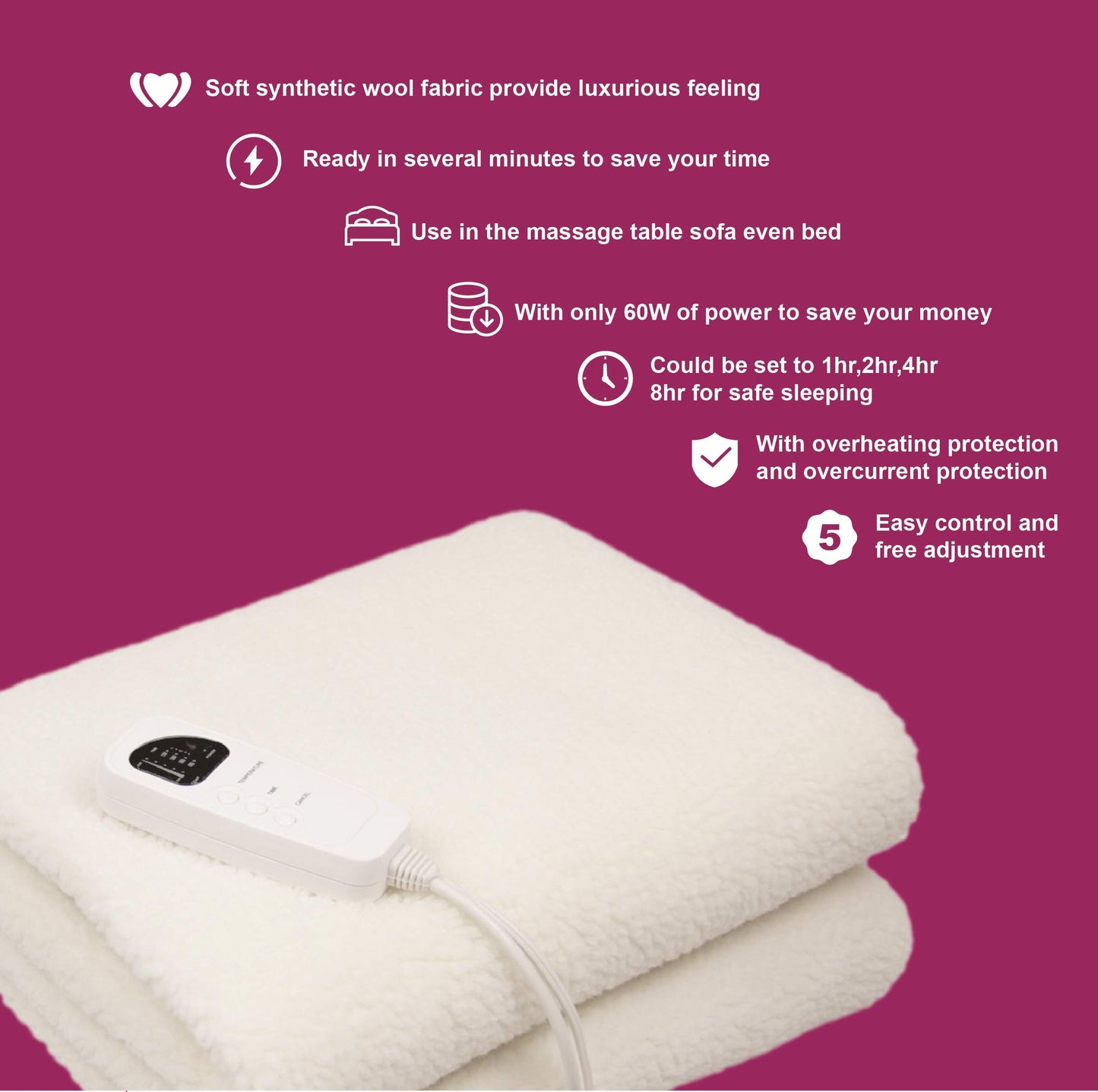 AIDENCOX Deluxe Ultra-Thick Fleece Massage Table Warmer,Heating Pad with 5 Heat Settings & Timer,12 Ft Cord and Overheat Protection for Spa Table,Massage Bed,Home Bed,71”x30”