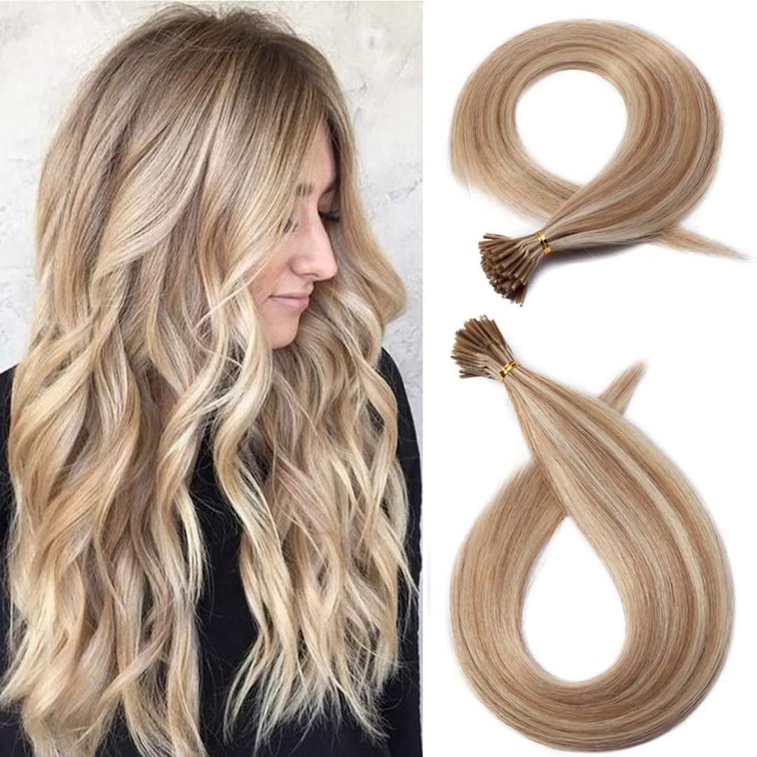 Beayhal I Tip Remy Human Hair Extensions Cold Fusion Hair Piece Pre Bonded Keratin Stick In Hair Extensions Long Straight #18/613 Golden Brown Highlighted Bleach Blonde Hairpieces 100 Strands 100g 16"