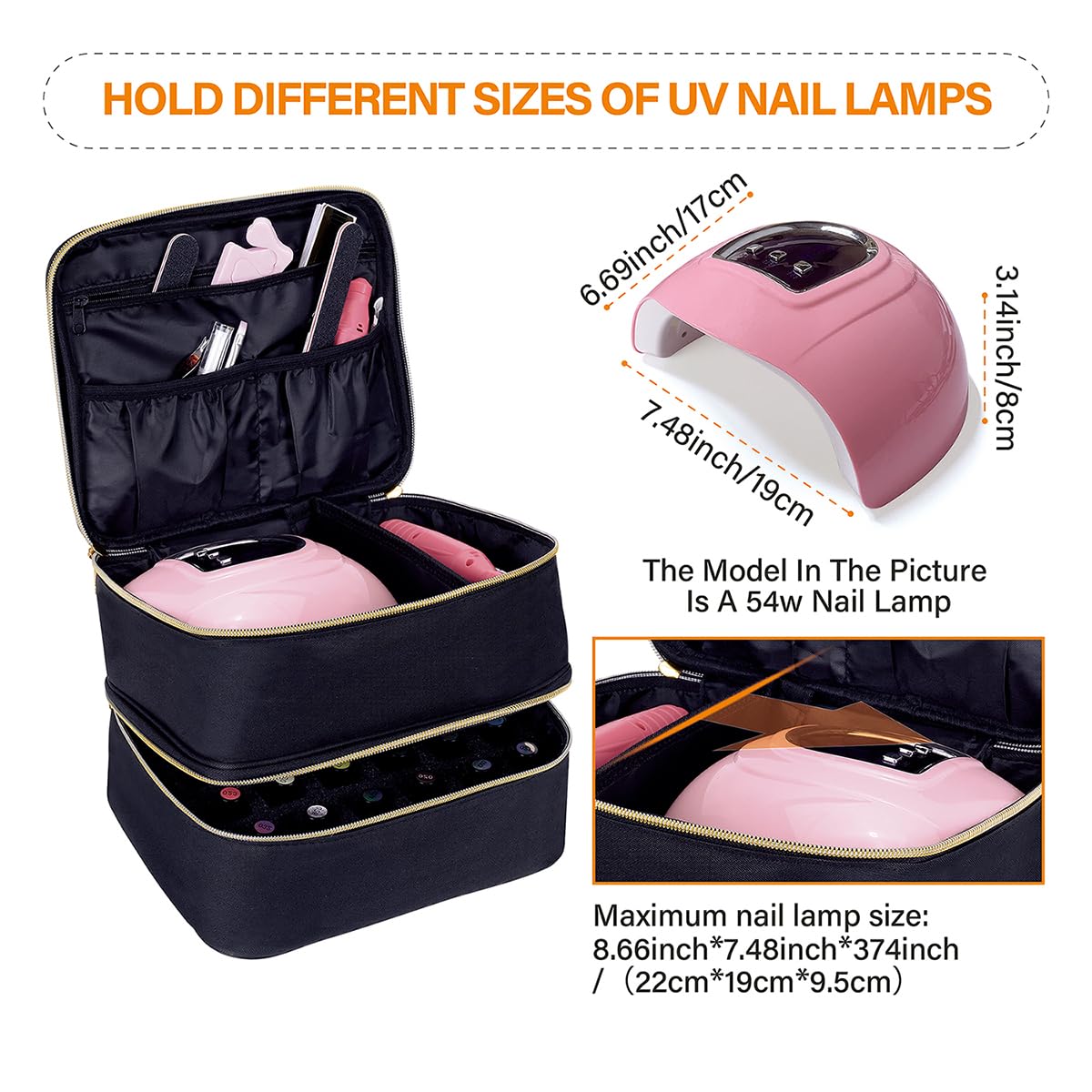 UOZL Nail Polish Organizer, Handheld Double Layer Organizer Holds 30 Bottles (15 ml/0.5 floz) with Adjustable Dividers for Nail Polish Small Manicure Lamp Manicure Tools Essential and Travel,Black