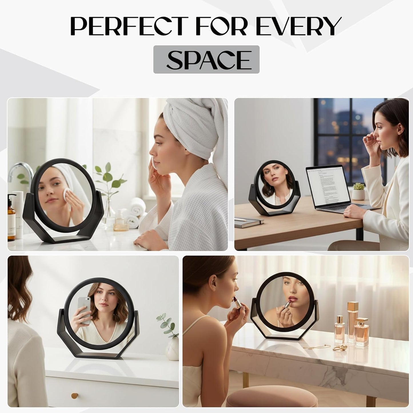Round Soft Touch Vanity Mirror - 1X/10X Magnifying Black Matte Makeup Mirror | Portable Tabletop & Desk Use