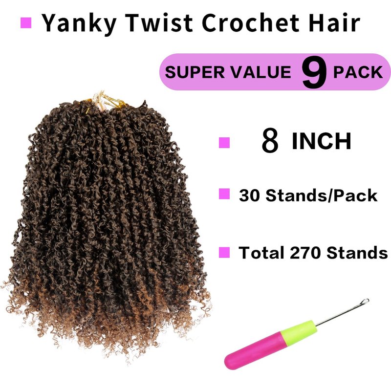 Yanky Twist Crochet Hair 9 Packs (270 Strands) - Pre-looped Crochet Hair, Pre-Twisted, Tangle-Free, Lightweight Crochet Braids Synthetic Hair Extensions for Women (1B, 8 Inch)