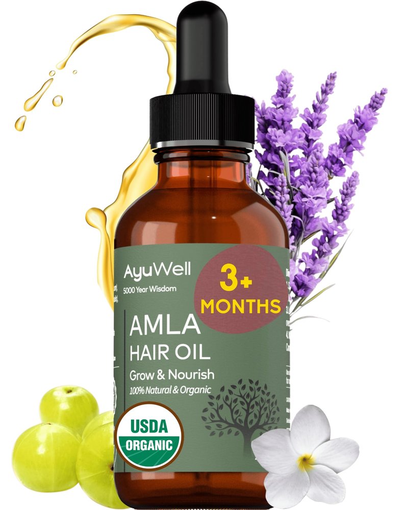 Ayuwell Ayurvedic Hair Oil, Potent & Lightweight Amla Indian Hair Growth Oil — USDA & All Hairs Types — For Nourishing Scalp w/Non-GMO Bhringraj, Brahmi, & Lavendar For Growth + Balanced Health, 2 oz