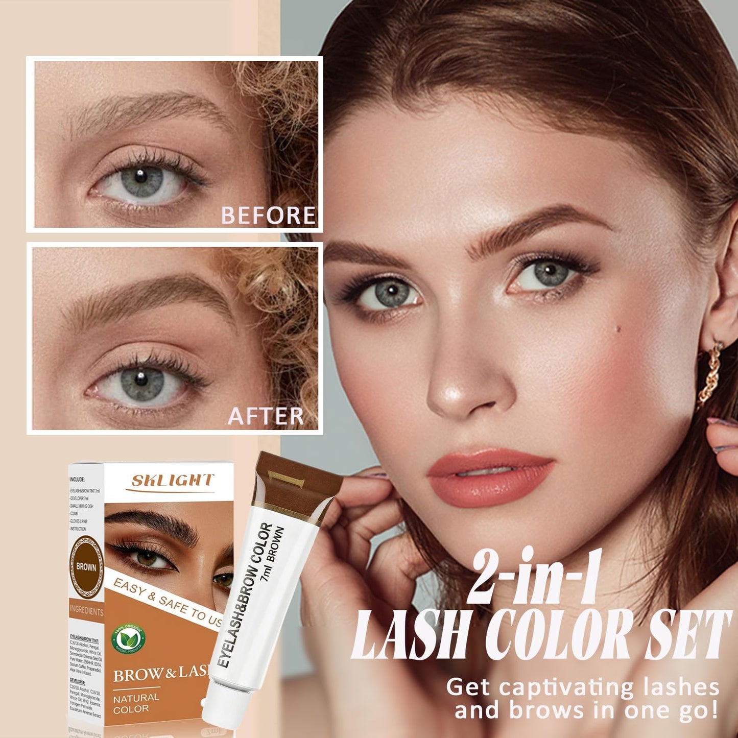 Eyelash & Eyebrow Color Kit - Professional Lasting 2 Weeks | Natural Ingredients, Safe & Easy to Use 7ML (Brown)