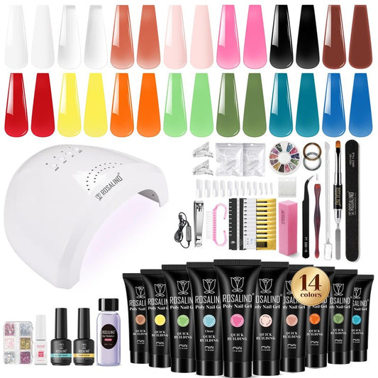 ROSALIND Neon Poly Nail Gel Kit, 14 Colors White Black Yellow Pink Poly Nail Gels Kit with Slip Solution and Mini Lamp Poly Nails Gel Starter Kits For All Seasons Beginner DIY at Home