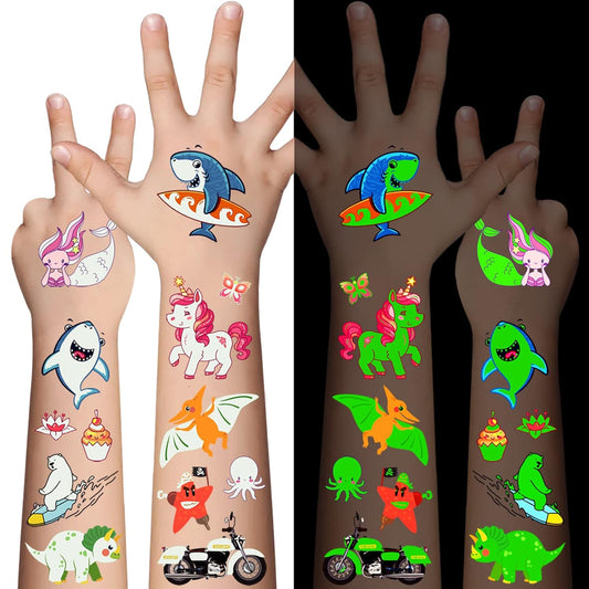 310 Pcs Luminous Temporary Tattoos For Kids,Mixed Styles Glow In The Dark Tattoos for Boys and Girls,Butterfly Dinosaur Pirate Mermaid Fake Tattoo Stickers,Glow Party Supplies Arts and Crafts