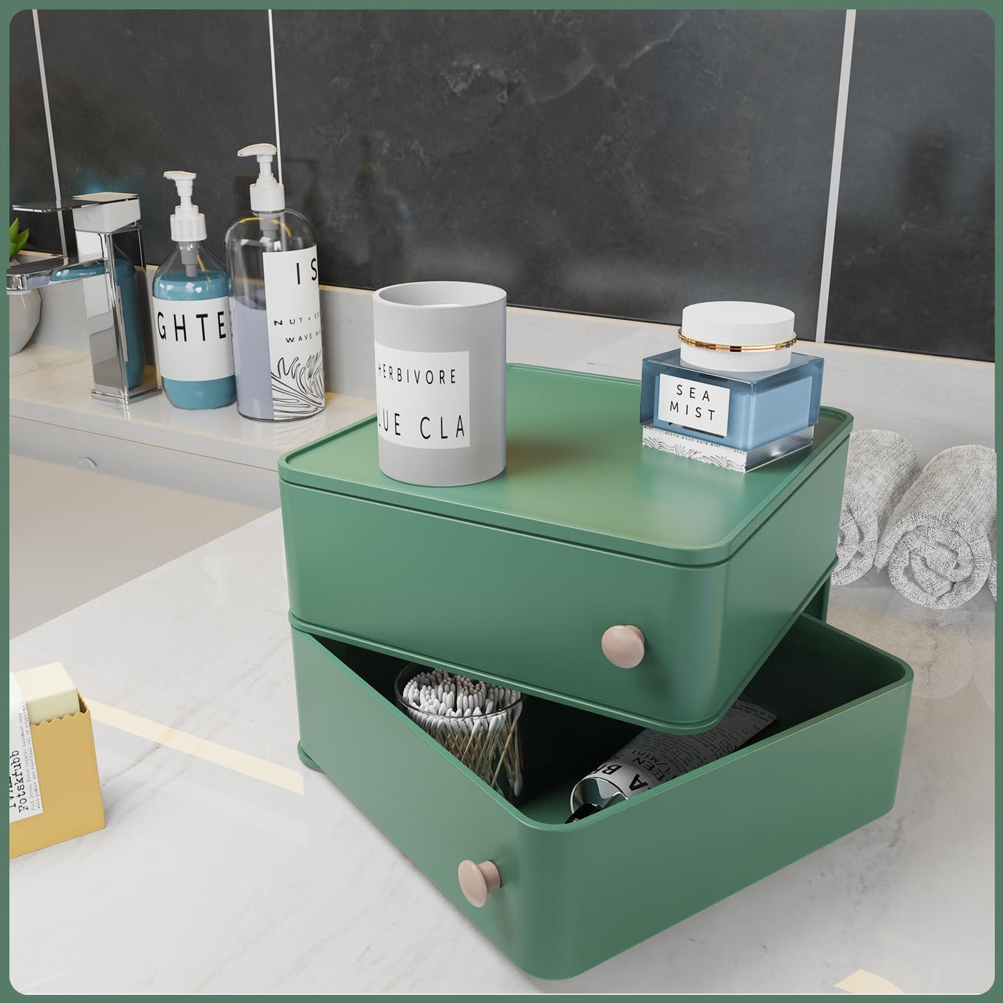 Makeup Organizer with Rotating Drawers: Stackable Makeup Bathroom Vanity Storage Box, Desk and Dresser Countertop Organizers and Storage Boxes for Cosmetics, Skincare, Jewelry, Bracelets, Green