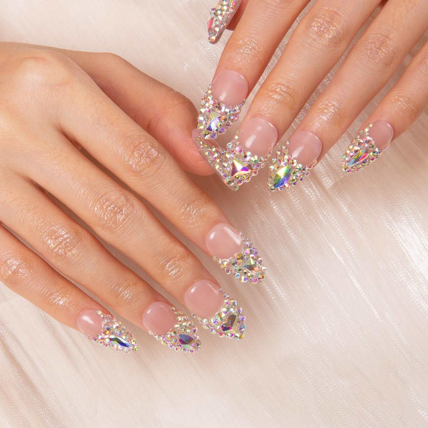 LOVFUL Press on Nails Noir d'Or | Handmade with Full Covered Crystals | Reusable Full Cover Nails | Almond Regular 1.0 in | P003-M