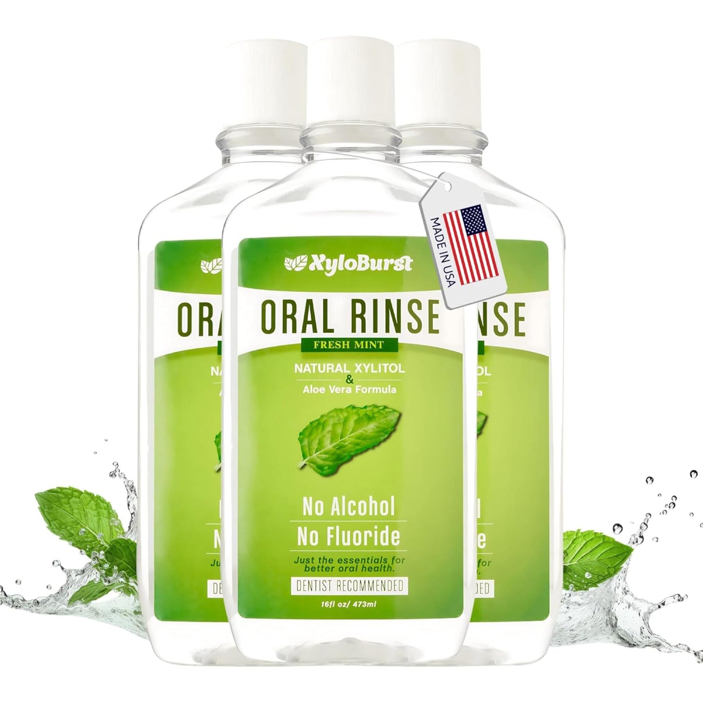 Xyloburst Xylitol Mouthwash, Natural Oral Rinse - Alcohol-Free & Fluoride-Free Mouth Wash, Non Toxic Xylitol Rinse for Fresh Breath, Fresh Mint Flavor, SLS Free, Sugar Free, 3-Pack