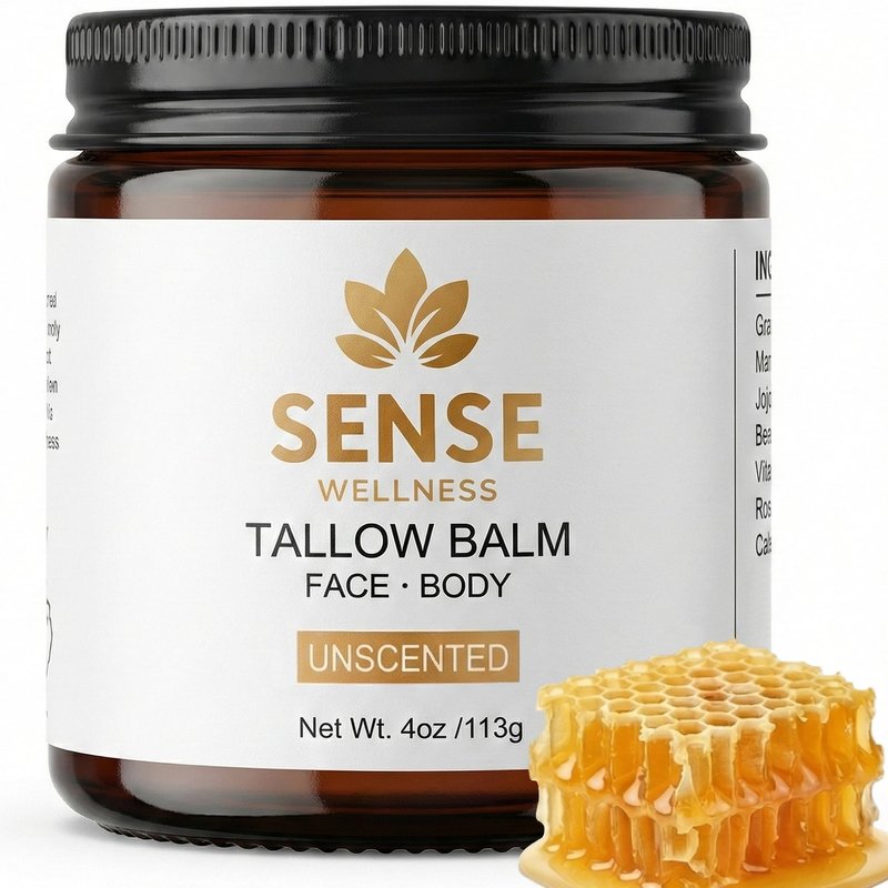 Sense Wellness Beef Tallow for Face & Skin, Moisturizing Balm for Dry Sensitive Skin with Manuka Honey, Unscented, 4 oz