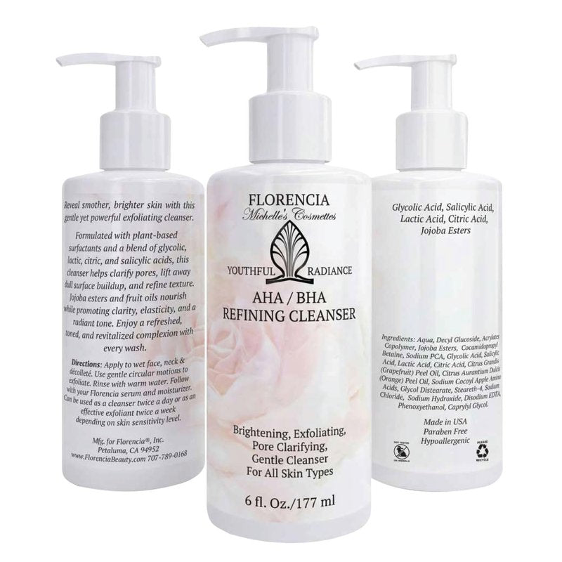 Florencia AHA BHA Refining Cleanser – Gentle Exfoliating Face Wash with Glycolic, Lactic & Salicylic Acid, Jojoba Beads, Foaming Cleanser for Pore Clarifying & Brightening Skin, 6 Fl Oz