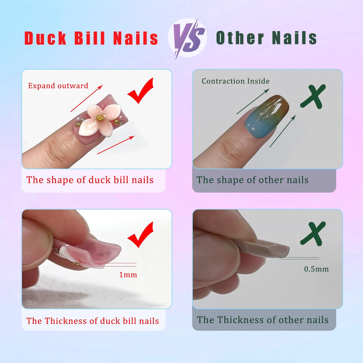 TENPAL 10Pcs Handmade Duckbill Press on Nails,Full Diamond French Tips & 3D Floral Short Nails with Charms,Cherry Blossom Butterfly Design,Sweet Sassy Reusable Duck Nails Set(M)