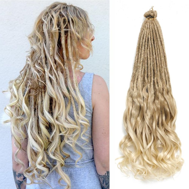BUFENGSUN French Curly Dreadlocks Synthetic Single Ended Dreadlock Extension with Loose Wave Ends 24inches 50 Strands Thin Soft French Curly SE Dread Extensions for Women (27/613,50 strands)