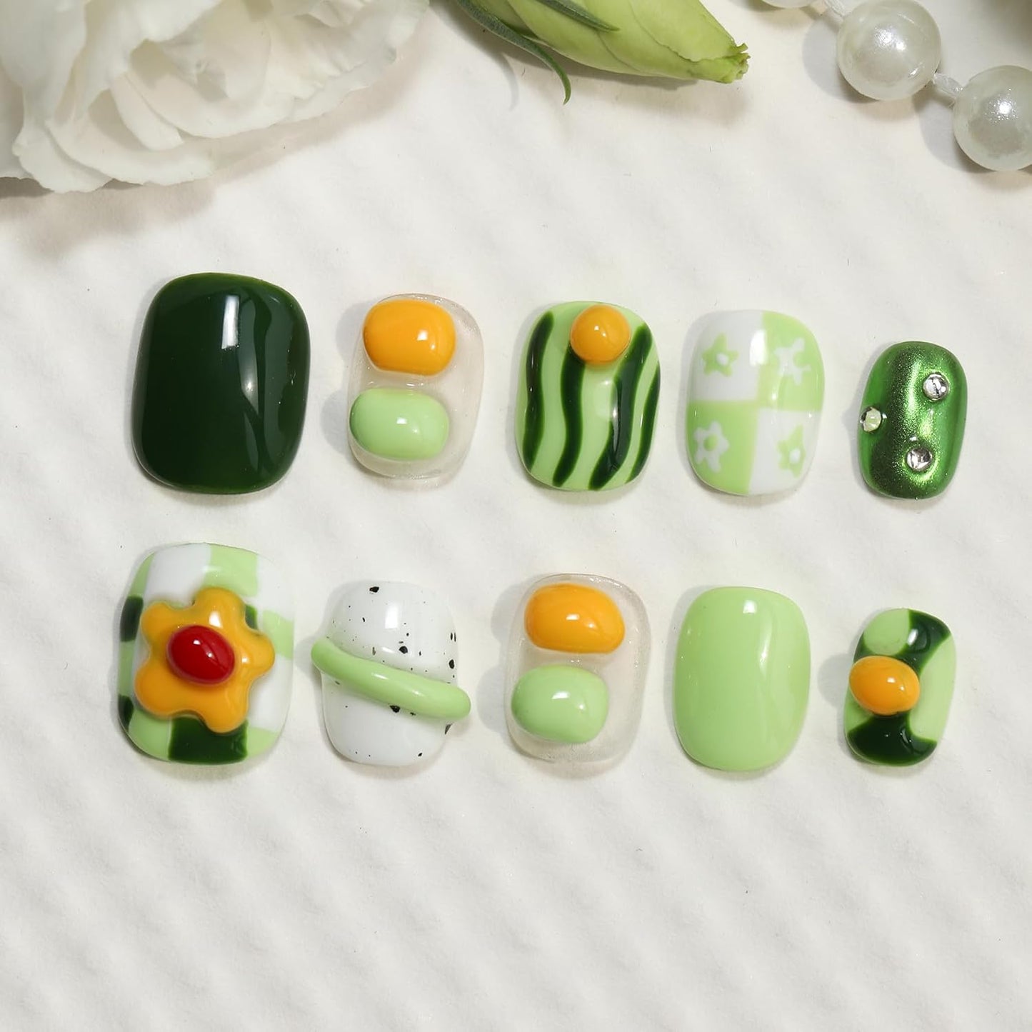 Short Press On Nails - Avocado Color Fruit Nail Art | Handcrafted Reusable Manicure Set for Women