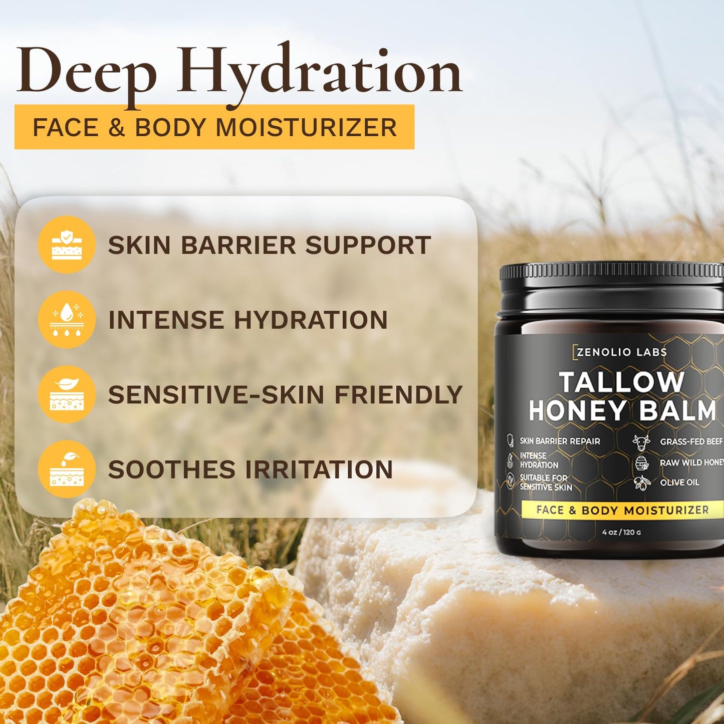 Beef Tallow Face Moisturizer - Whipped Grass-Fed Balm with Raw Honey & Beeswax | Hydrating Cream for Dry, Sensitive Skin