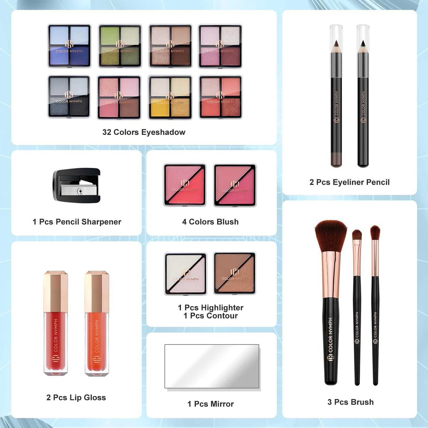 Color Nymph Makeup Kit for Teen Girls Beginner, All in One Makeup Kit for Girls with Train Case Includes Eyeshadow, Blush, Highlighter, Bronzer, Contour, Lipsticks, Eyeliner, Brushes & Mirror - White