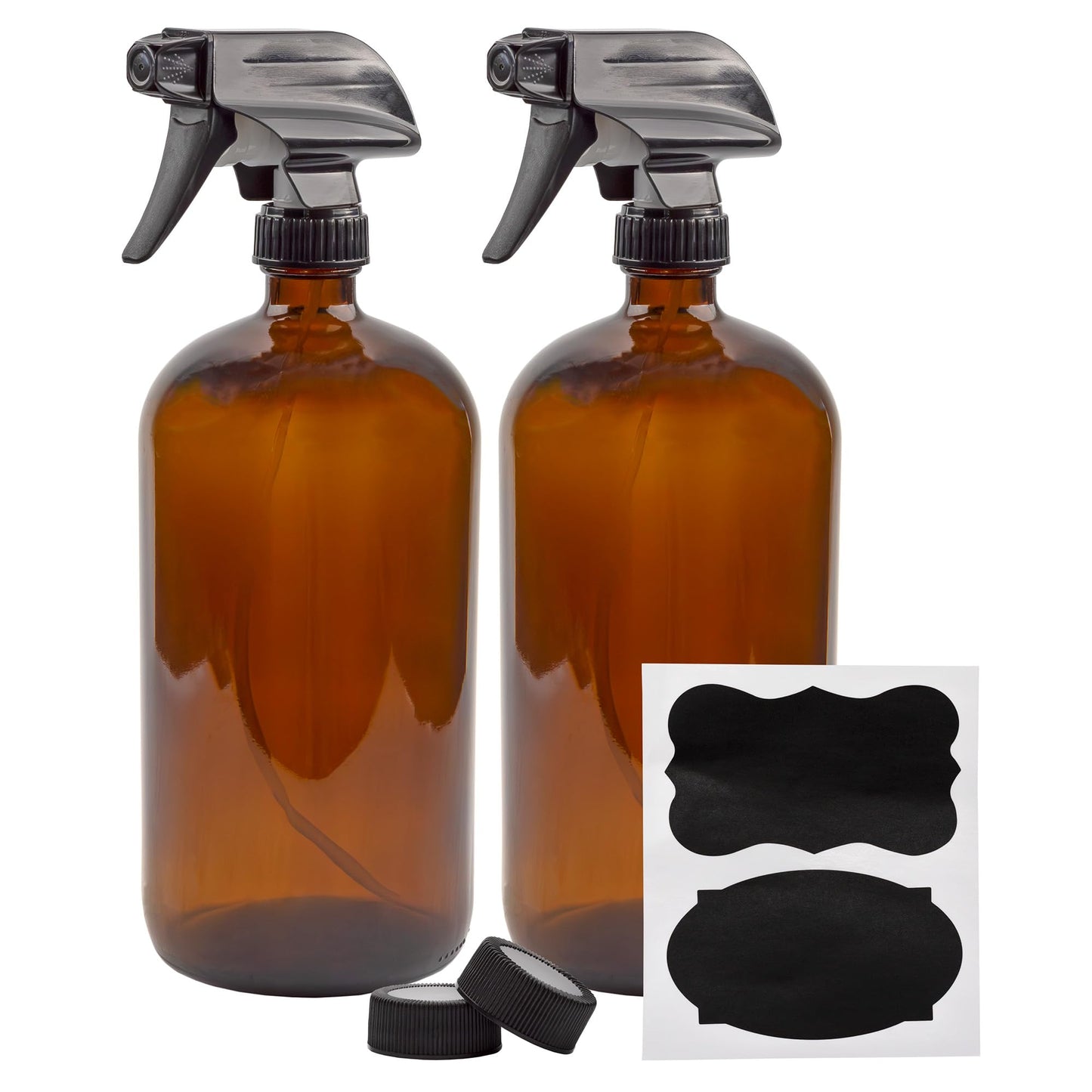Cornucopia Brands 32oz Amber Glass Spray Bottles (Pack of 2) Brown Bottles w/ 3-Setting Trigger Sprayers; Includes Caps for Storage
