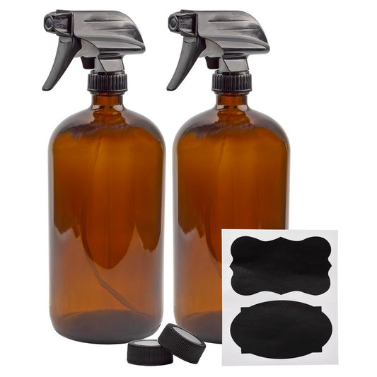Cornucopia Brands 32oz Amber Glass Spray Bottles (Pack of 2) Brown Bottles w/ 3-Setting Trigger Sprayers; Includes Caps for Storage