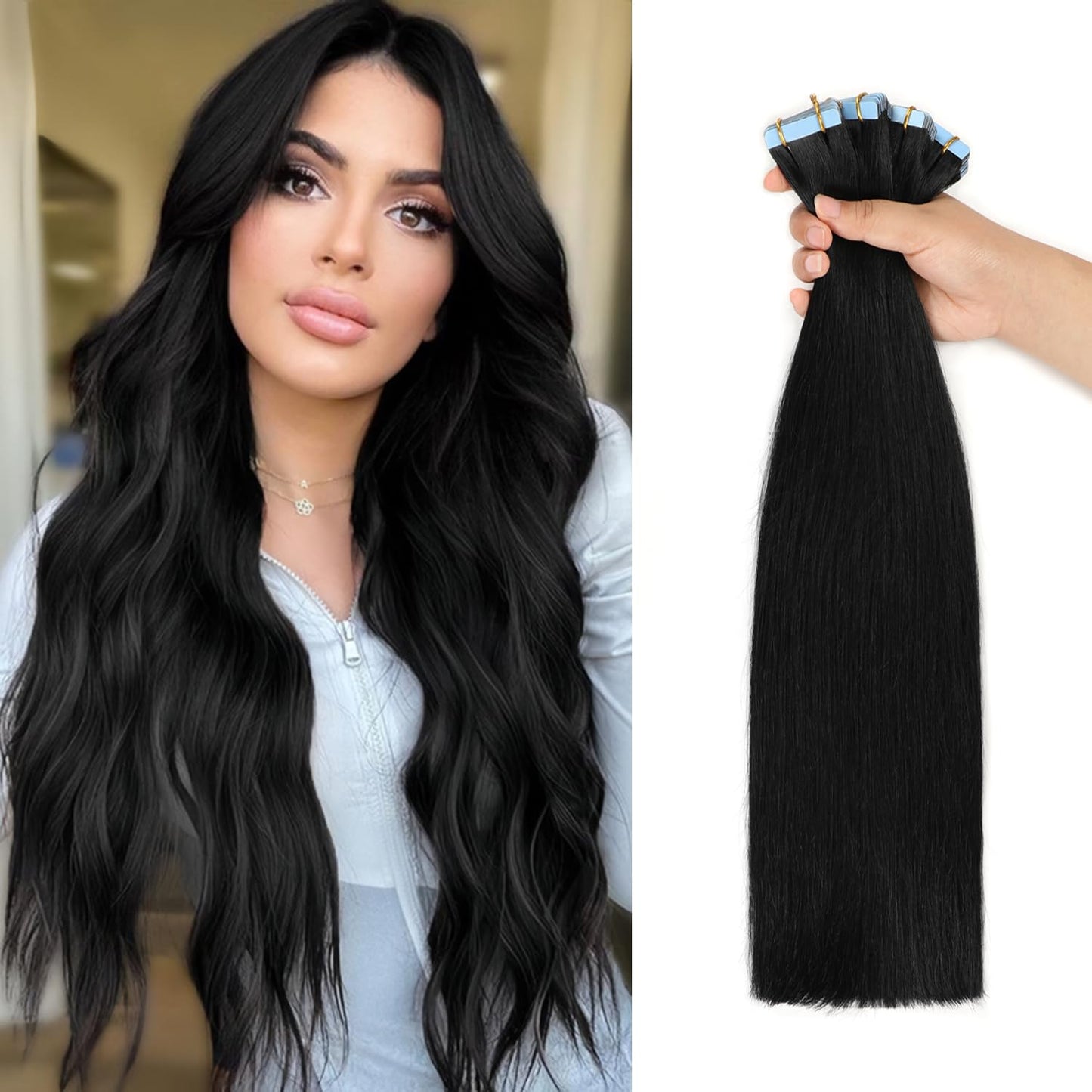 JESSBO Tape in Hair Extensions Human Hair Straight Natural Black 100% Remy Human Hair 20 inch 20pcs 50g/pack Seamless Skin Weft Tape in Extensions for Women (20 Inch #1B Natural Black)