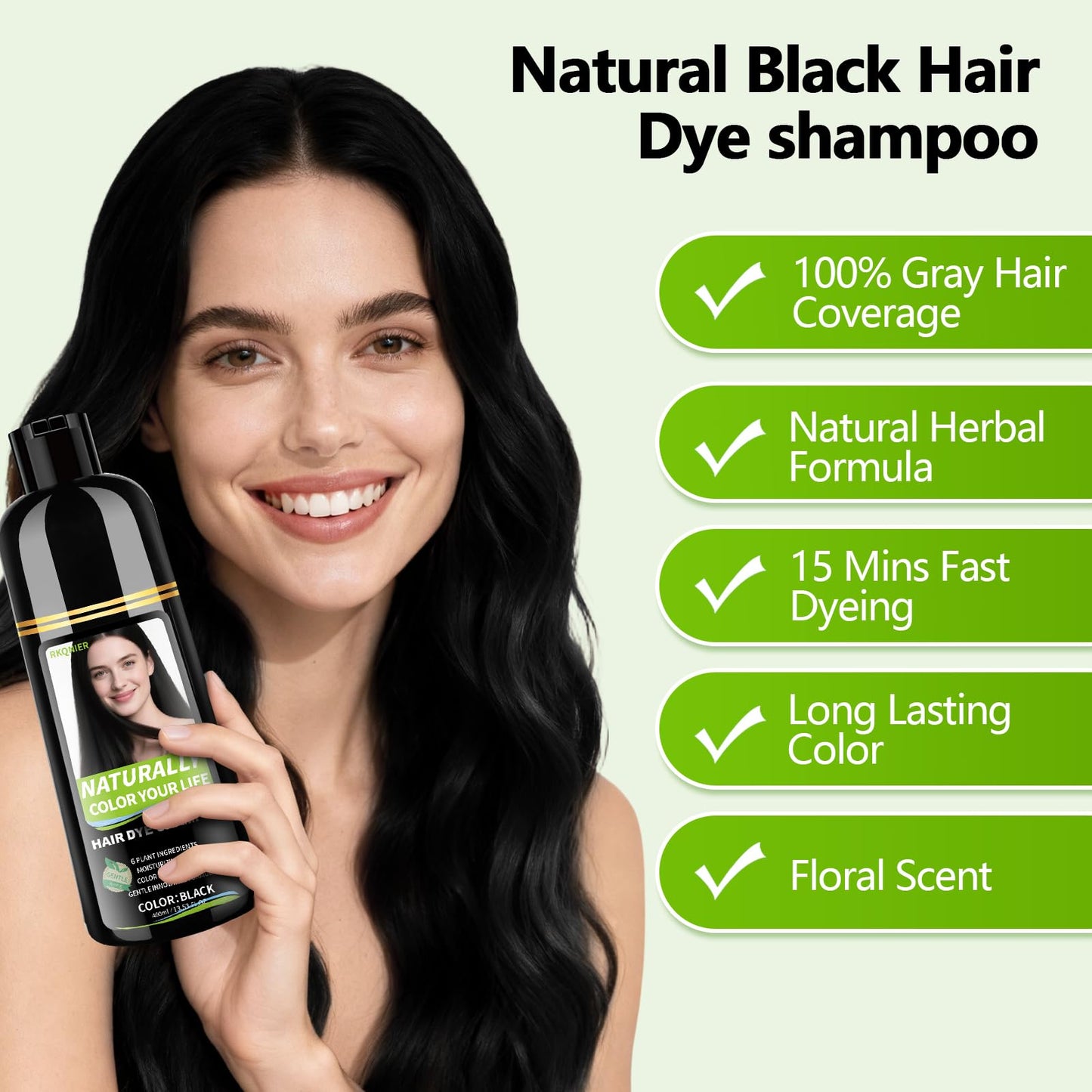RKQNIER Black Hair Dye Shampoo for Women & Men, 10 Min Gray Coverage, 3 in 1 Semi-Permanent Hair Color Shampoo with Natural Herbal Ingredients