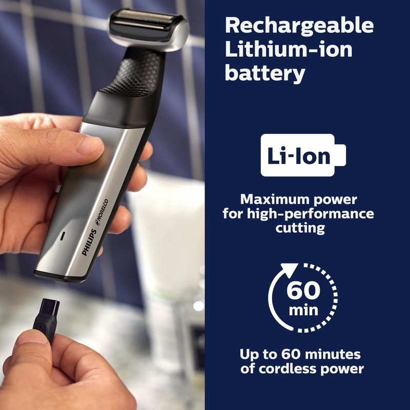 Philips Bodygroom Series 5000, Showerproof Groin and Body Trimmer, Close and Comfortable Shave, Complete Body Grooming Including Back, 60 Min. Runtime, Model BG5025/40