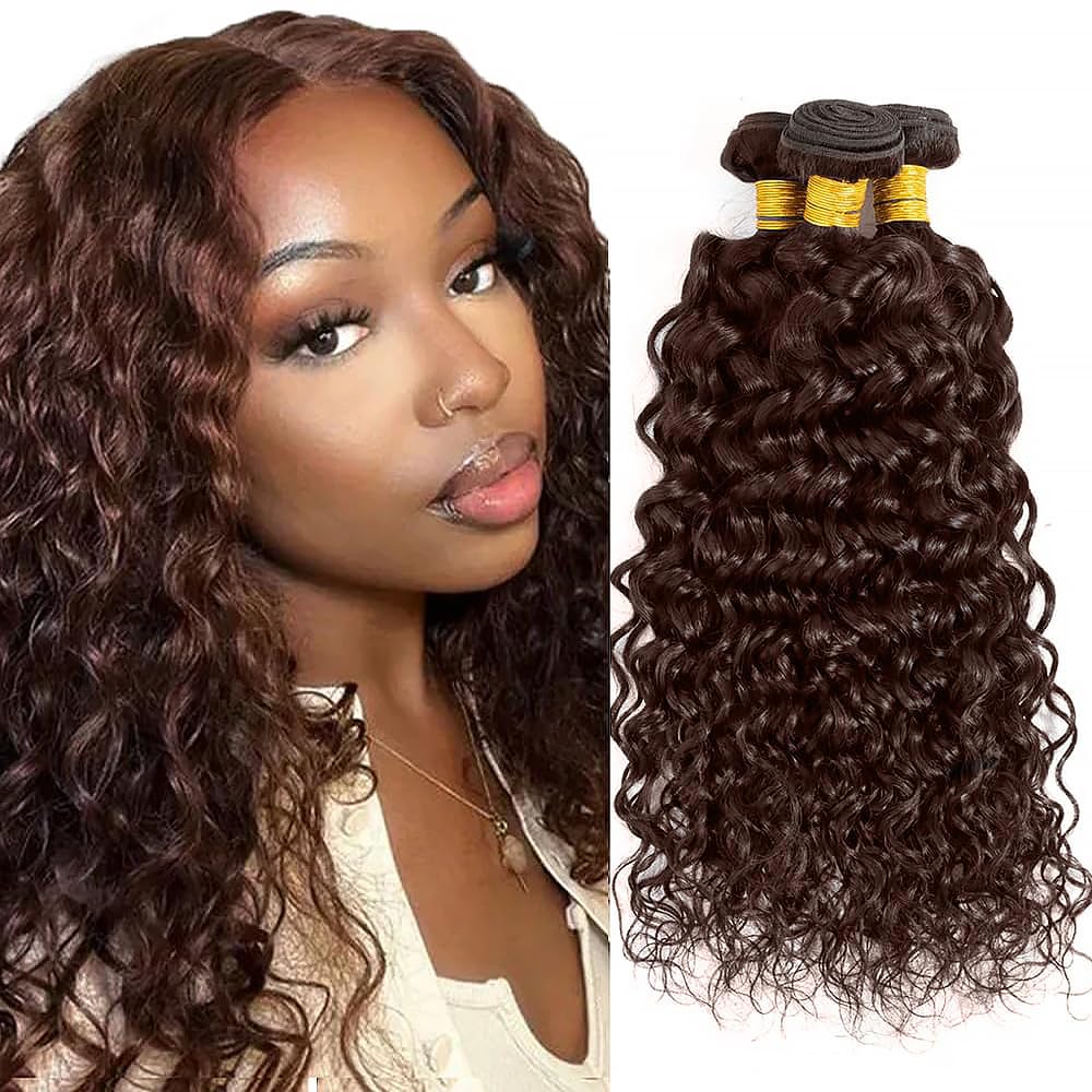 Human Hair Bundles Water Wave Color #4 Chocolate Brown Wet and Wavy Unprocessed Native Virgin Raw Trippy Hair Extensions 3 Bundles 14 16 18 Inch Quick Weave Weft for Black Woman
