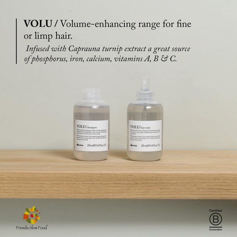 Davines VOLU Shampoo, Volumizing Gentle Cleansing Action for Fine or Limp Hair - Making it Soft and Light with a Lasting Boost of Body and Volume with Turnip Root Extract, 8.45 Fl Oz