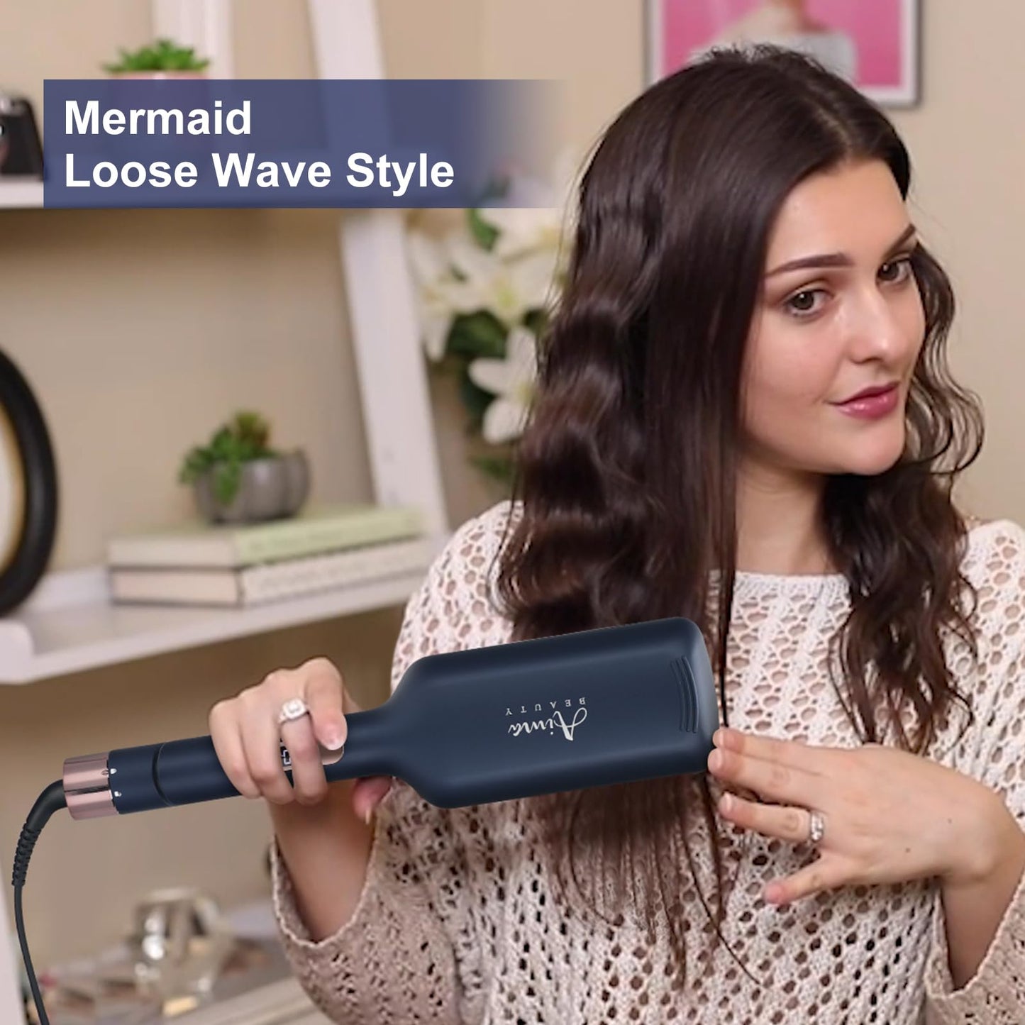 32mm (1.25") Aima Beauty Twins Mermaid Hair Waver, Anti-Scald Hair Crimper 2 Barrel, Beach Wave Curling Iron, Curling Wand with Storage Lock 15S Heats Up for Short/Medium/Long Hair Prussian Blue