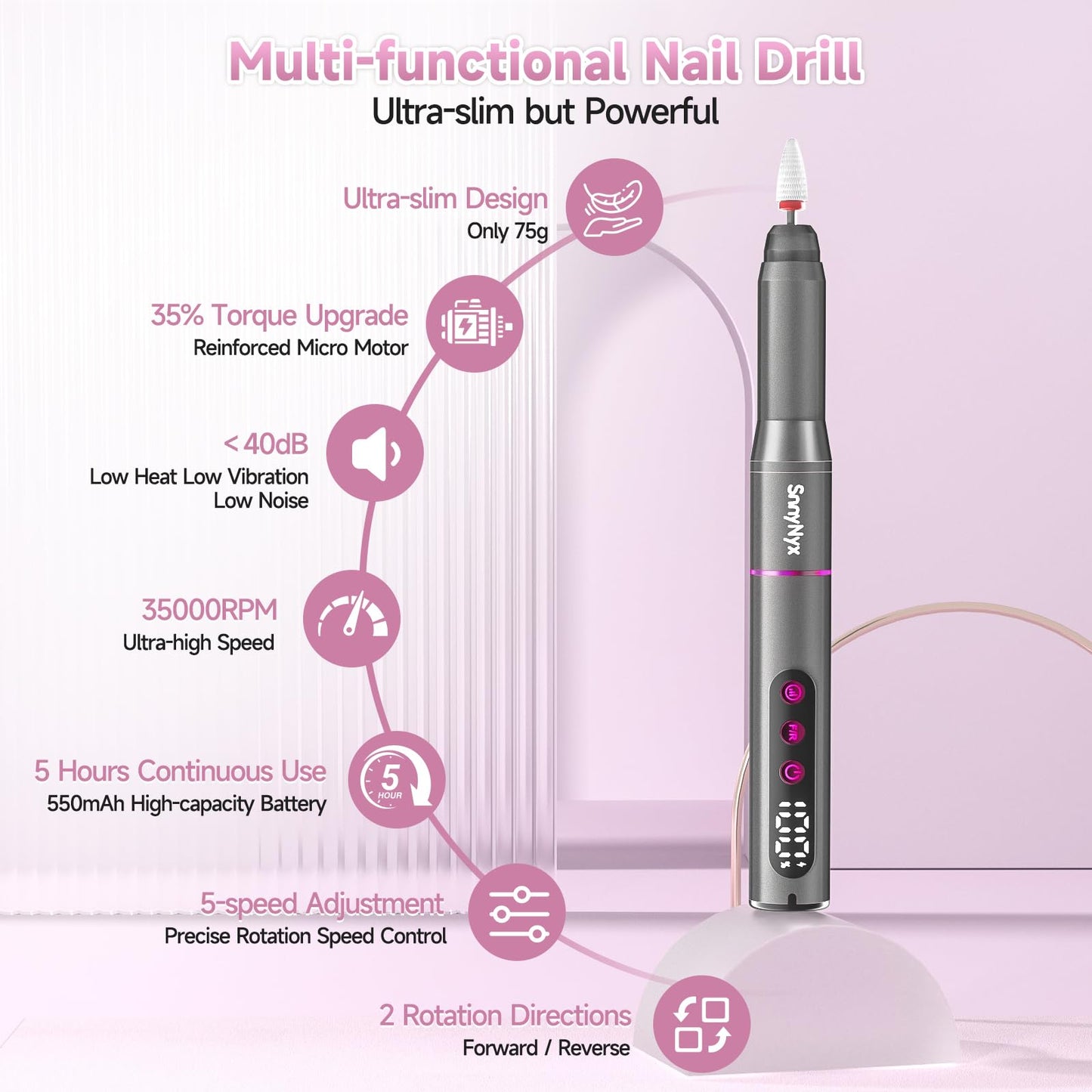 SnnyNyx Cordless Electric Nail Drill 35000 RPM, Professional Nail File Kit with LCD Display, 12 Bits & 36 Sanding Bands, for Acrylic Gel Nails, Pet Claws, Salon & Home Use (Matte Gray)