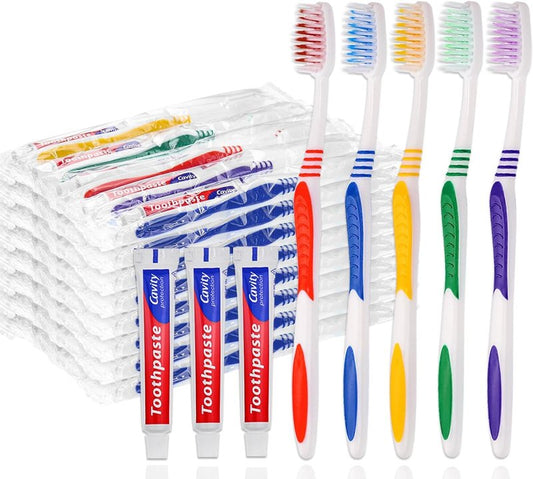 SLequipo Pack of 50 Disposable Toothbrushes with Toothpaste Individually Wrapped, 10g Travel Toothpaste Single Use Manual Toothbrush Kit for Guests Travel Hotel Nursing (50 pcs,5 Colors)