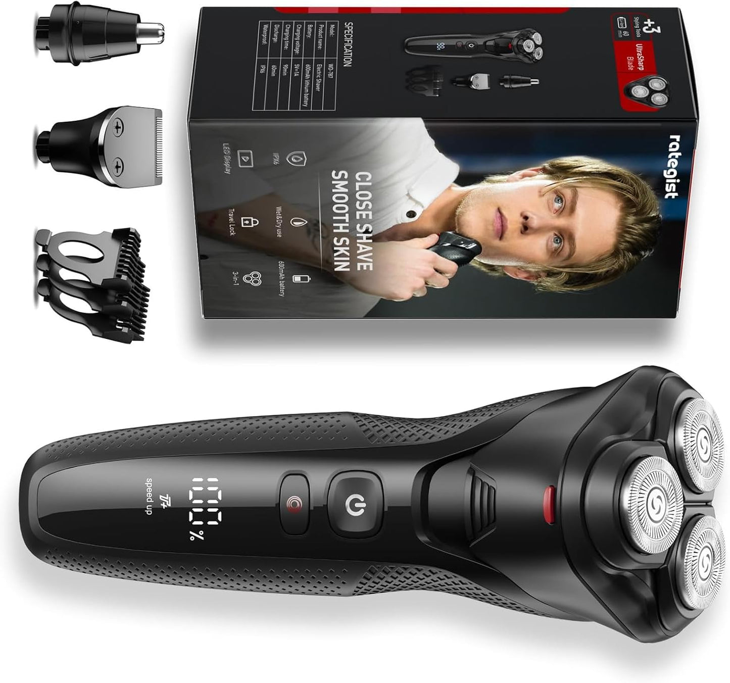 rategist Men's 3-in-1 Electric Shaver & Trimmer Kit: Turbo Speed for a Close Shave, IPX7 Waterproof, Complete Travel Grooming Set for Beard, Nose & Sideburns