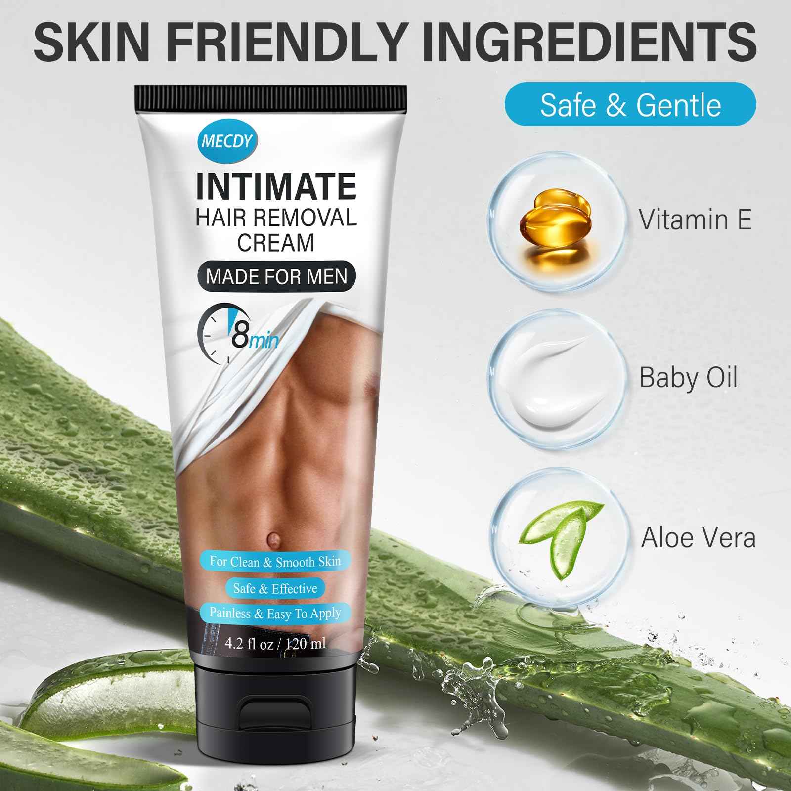 Hair Removal Cream for Men, Hair Remover Body Cream for Unwanted Male Hair, Painless, Flawless Depilatory for Intimate/Private Area, 120ml