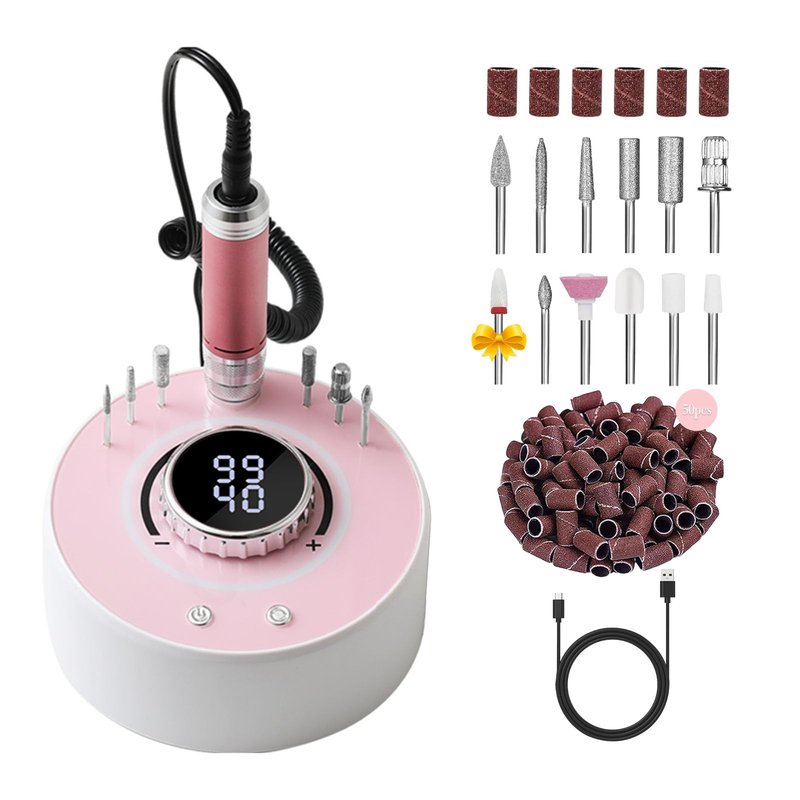Qinvone Electric Nail Drill with Brushless Motor, 40000RPM Professional Cordless Nail File for Acrylic & Gel Removal - Rechargeable Manicure & Pedicure Kit with 12 Bits for Home and Salon Use (Pink)